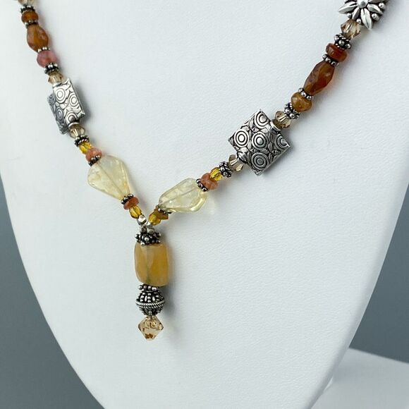 Gold Orange Clear Quartz Beaded Toggle Necklace | Vintage Silver Plated | 21" - Picture 7 of 8